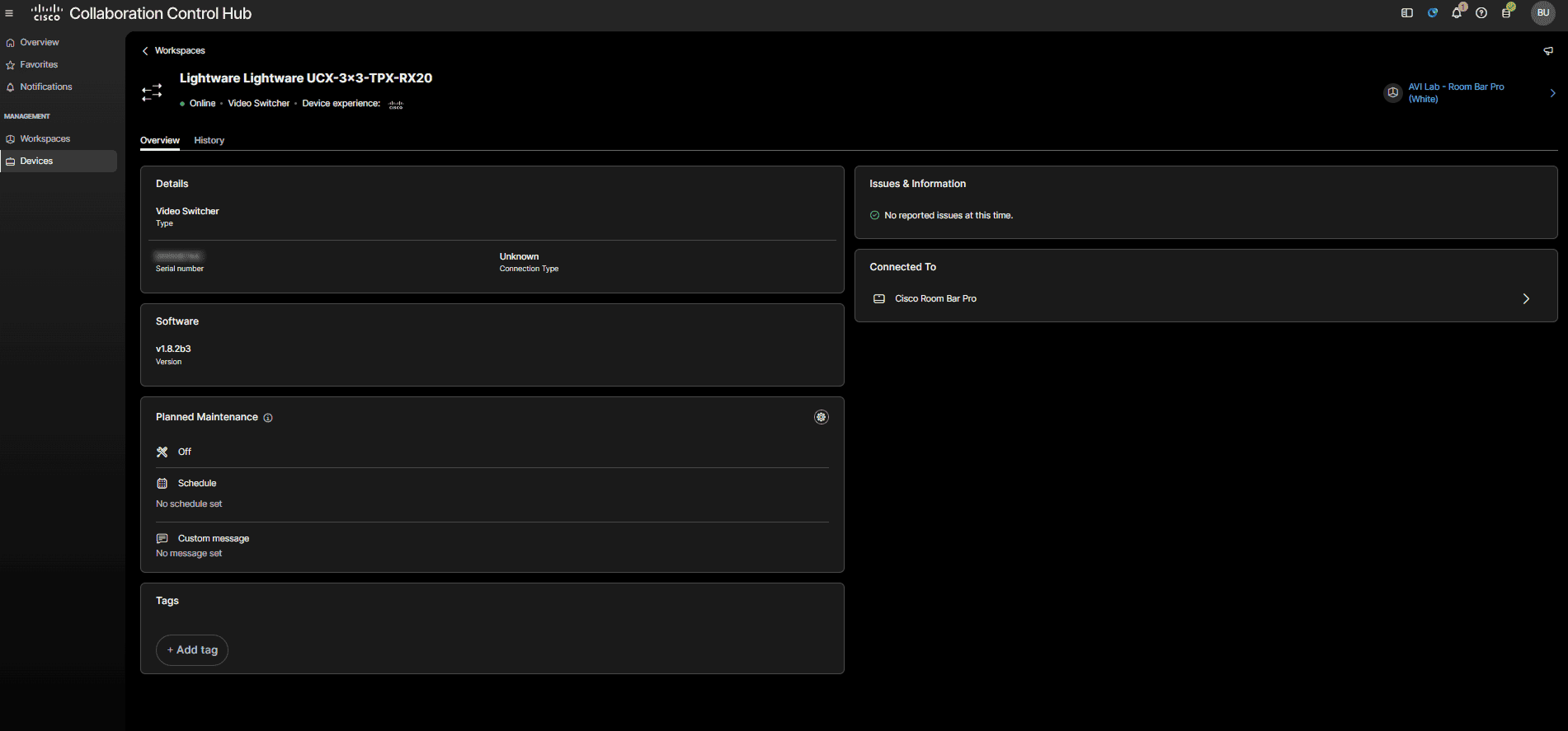 Cisco Control Hub device details for Lightware devices